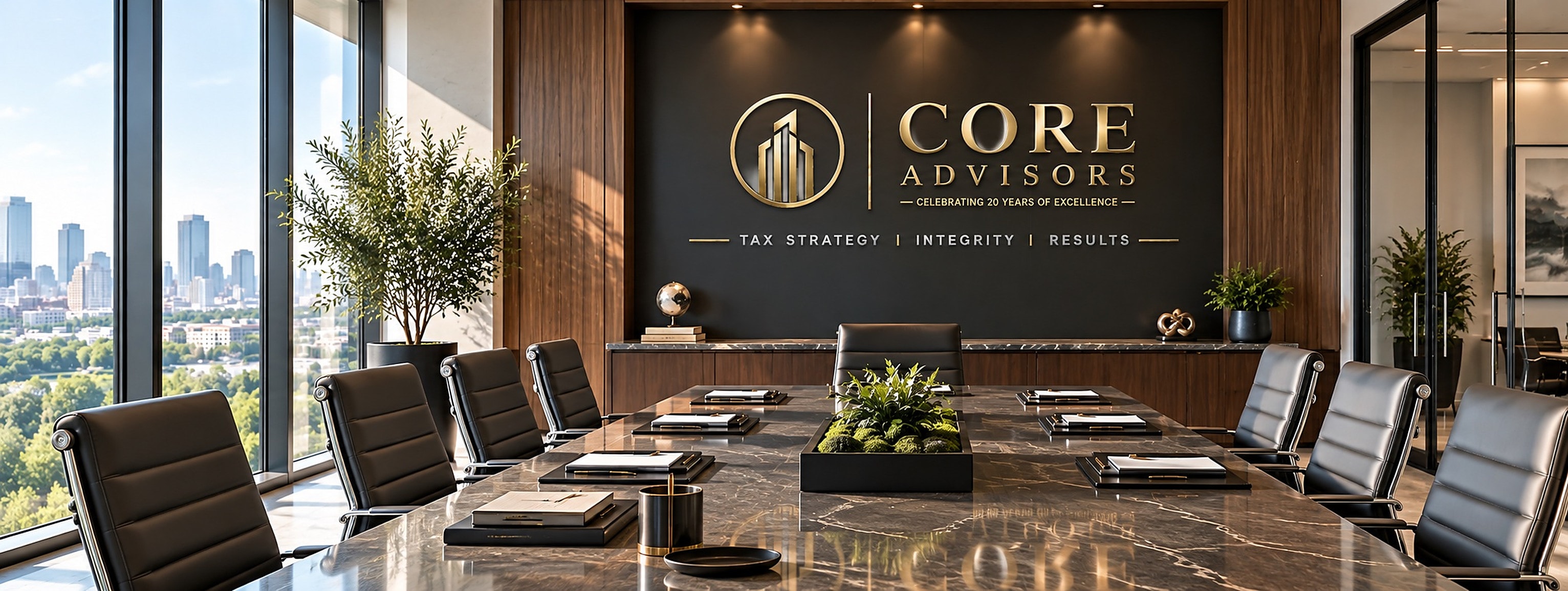 The CORE Advisors boardroom: the firm's mark and 'Celebrating 20 years of excellence' on the wall, the city beyond the glass