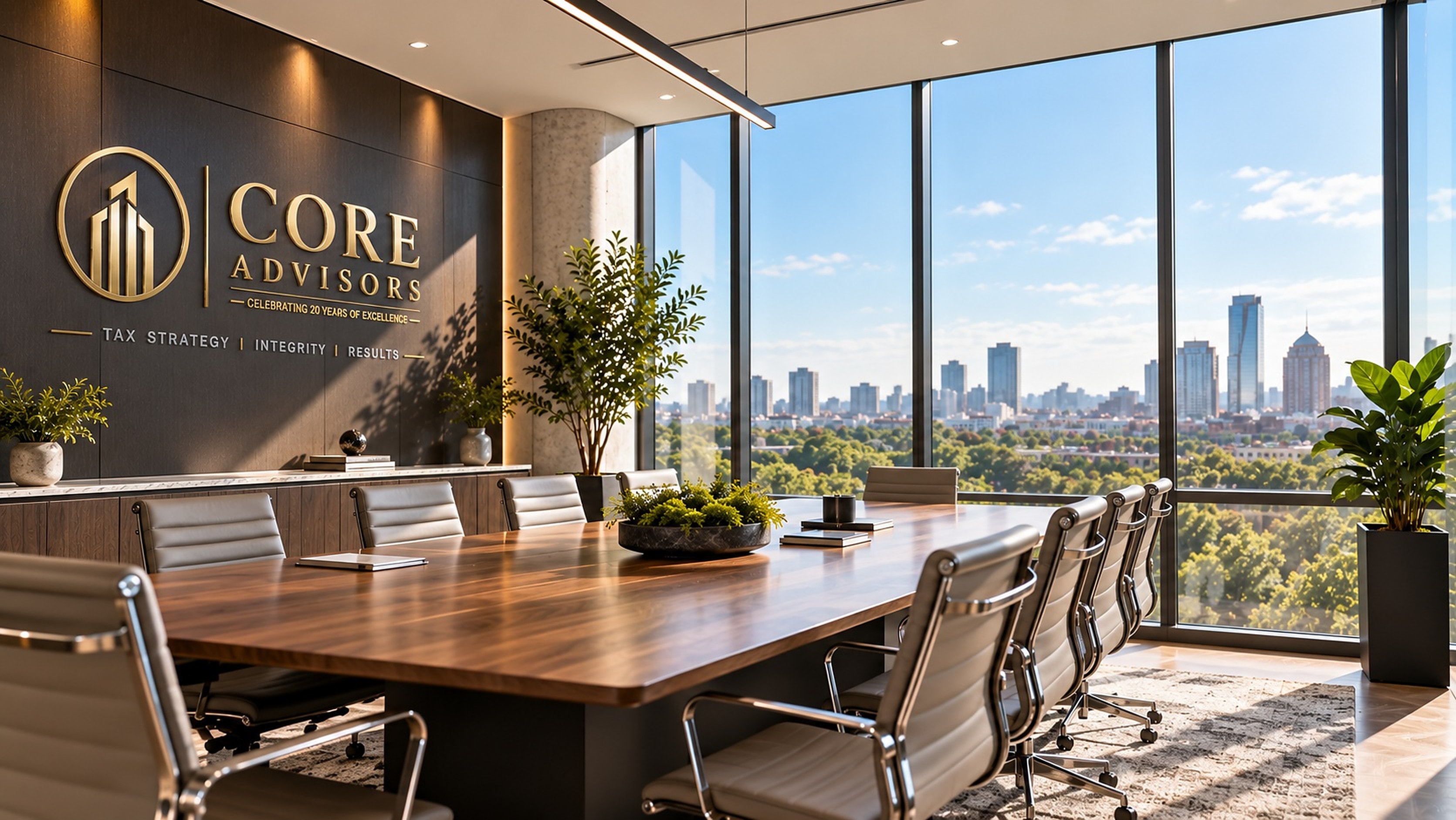 The CORE Advisors boardroom, the firm's mark on the wall and the city skyline beyond the glass