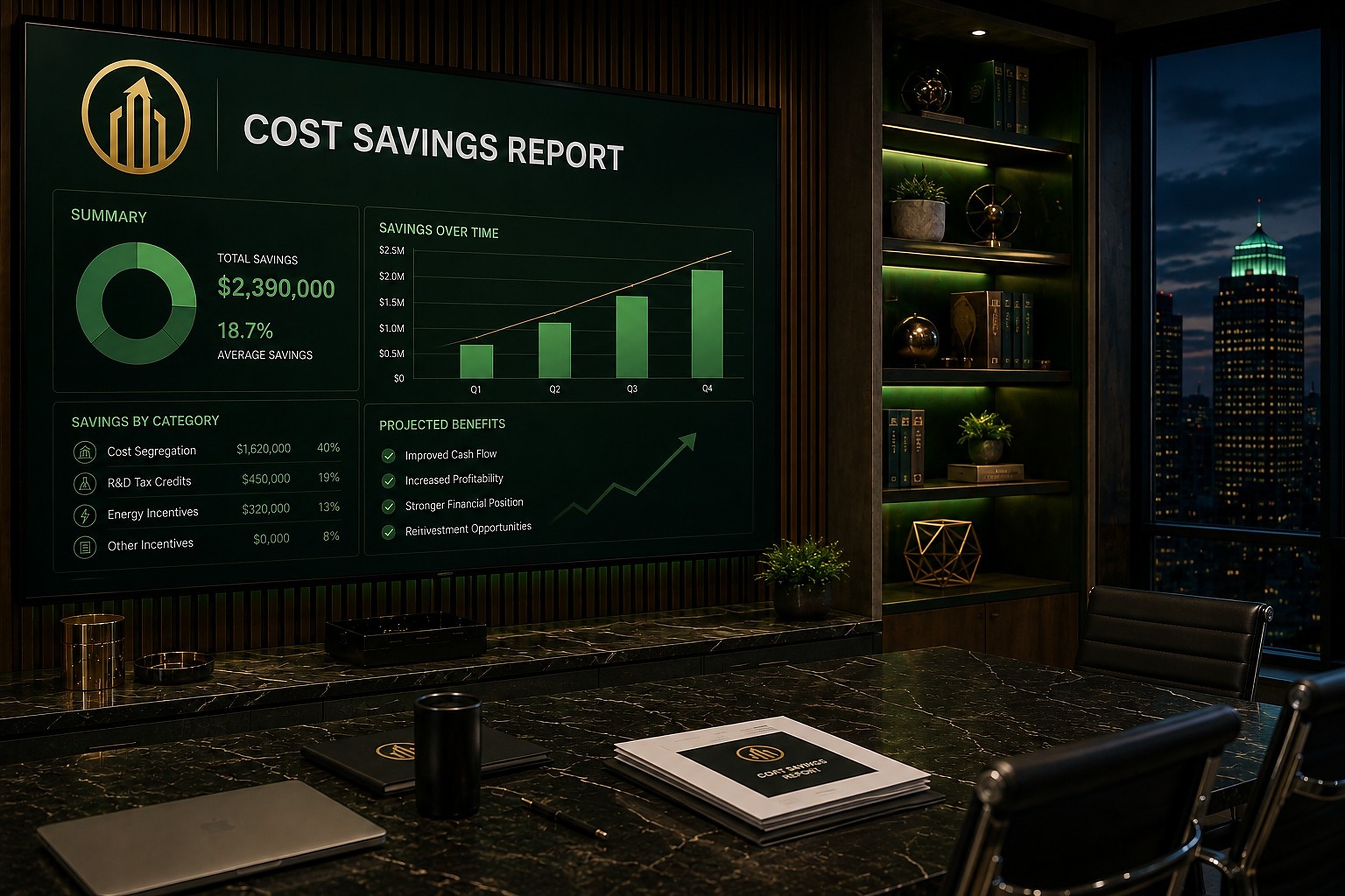 A CORE Advisors boardroom: a sample cost savings report on the wall display