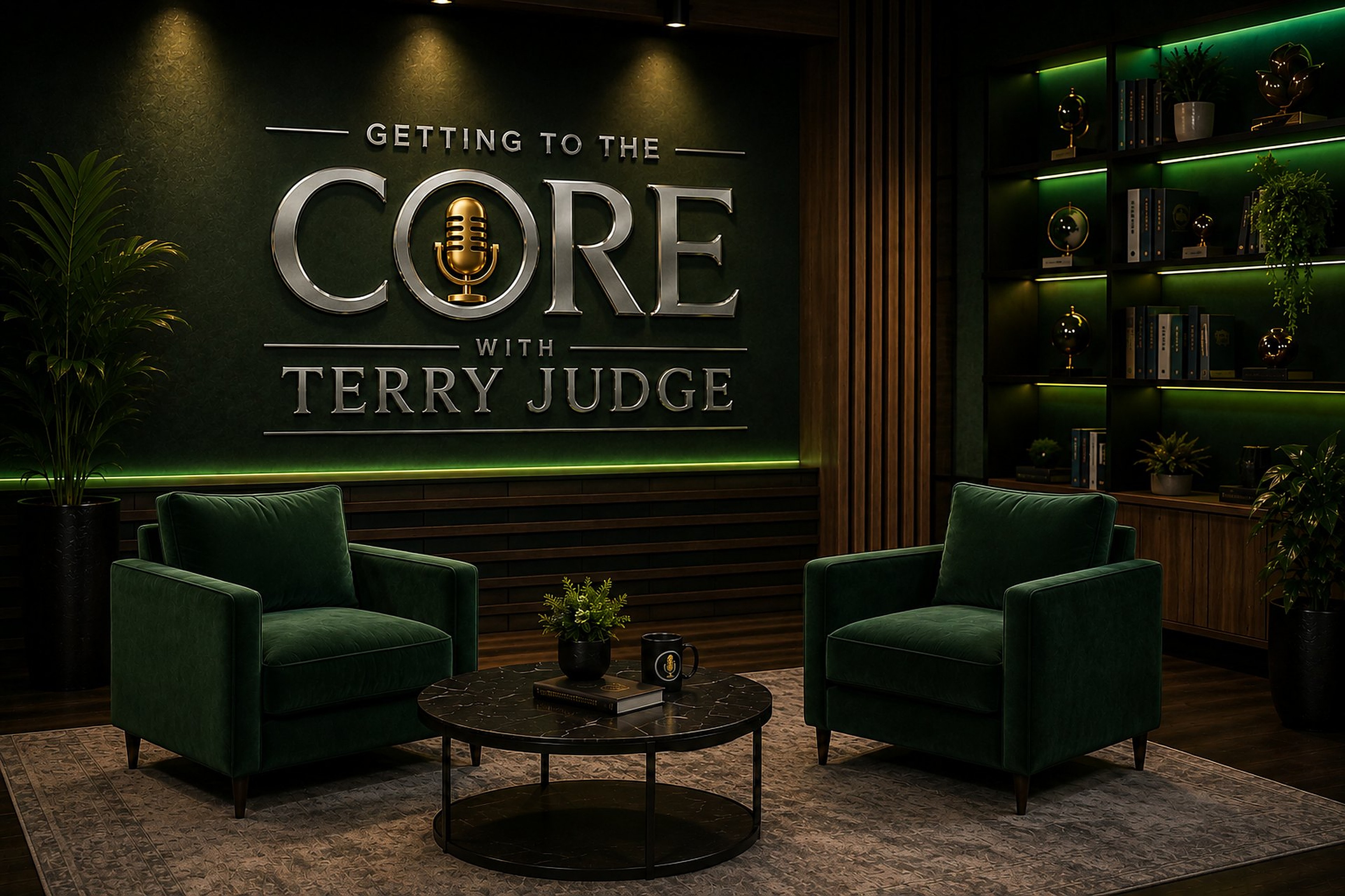 The Getting to the Core studio set: the show's name on the wall behind two chairs