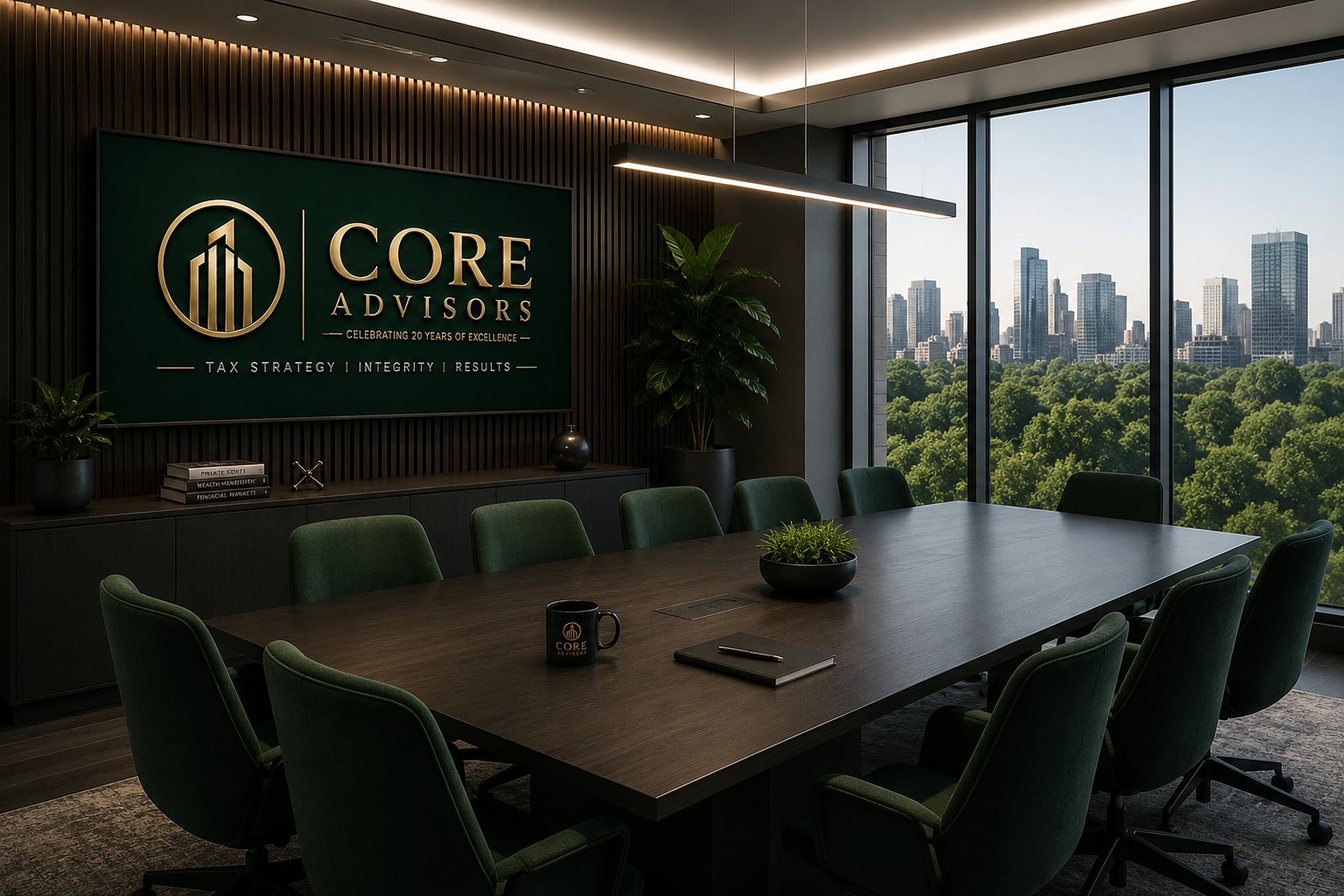 The CORE Advisors boardroom: logo wall and a city skyline through the window