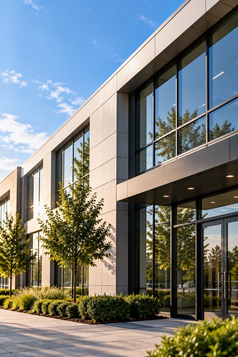A modern office facade of concrete panels and floor-to-ceiling glass in morning light