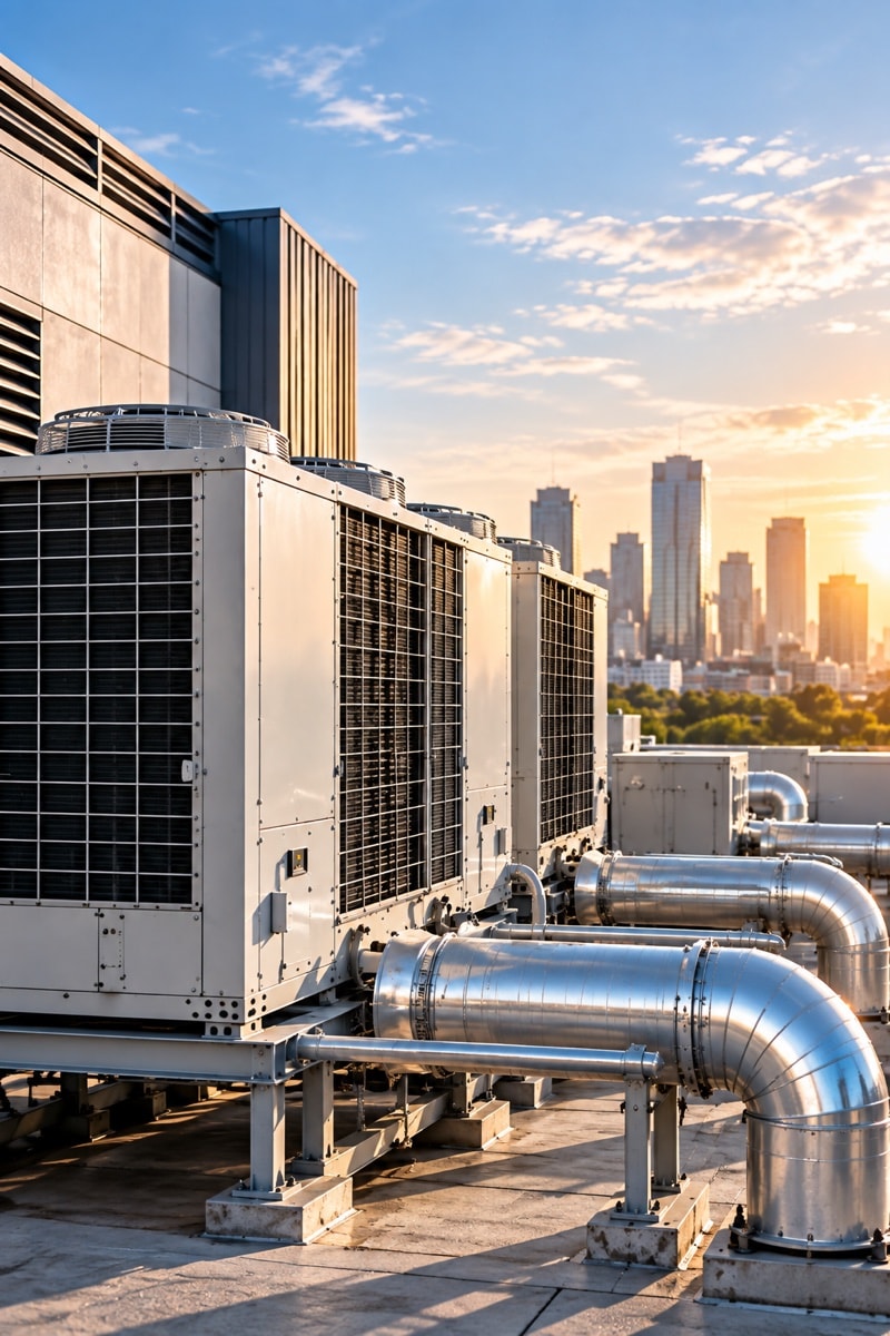Rooftop HVAC units and ductwork at sunset, a city skyline behind them