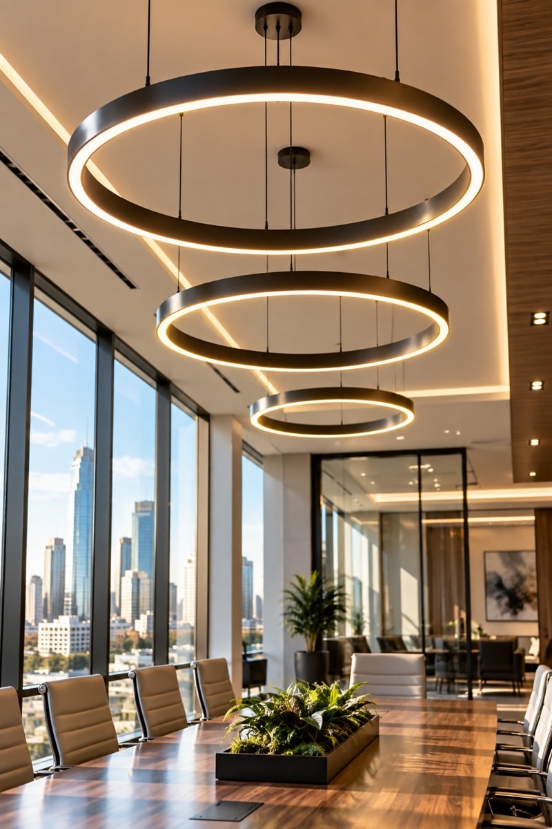 Ring LED pendants over a boardroom table, floor-to-ceiling windows on the city